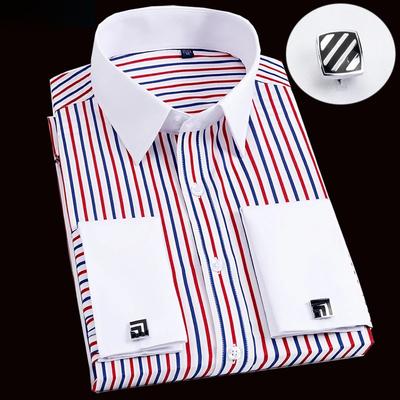 Men's French Cufflink Shirt with Slim Fit and Contrasting Color Collar, Windsor Collar, Striped Formal Long Sleeved Shir