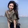 Jin Manqi summer women's clothing Korean version of pure cotton striped fresh wind loose and thin round neck short-sleeved t-shirt women's top, trendy