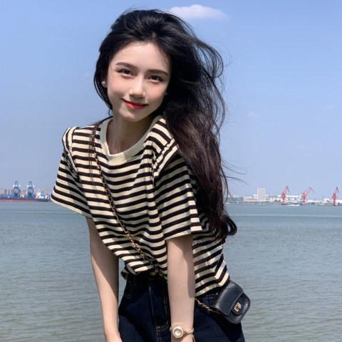 Jin Manqi summer women's clothing Korean version of pure cotton striped fresh wind loose and thin round neck short-sleeved t-shirt women's top, trendy