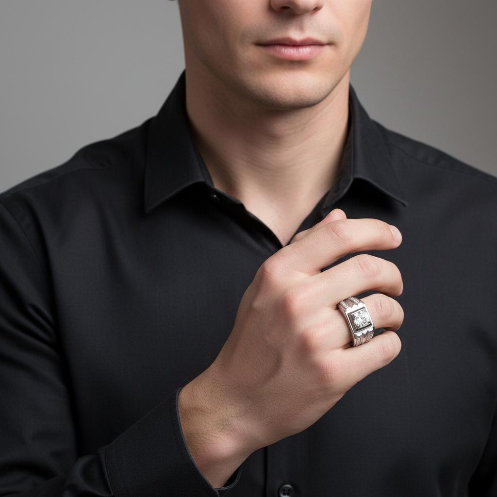 S925SilverMoissaniteRing for Men 6.5mm Round Cut 18K Gold Plated Chunky Band With Side Stones Vintage Statement Wedding BandGift
