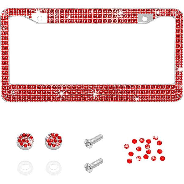 Bling Car License Plate Frame, 2 Holes Stainless Steel Sparkly Auto Tag Cover with Screws Caps, Bedazzled Rhinestone Licence Plate Holder Vehicle