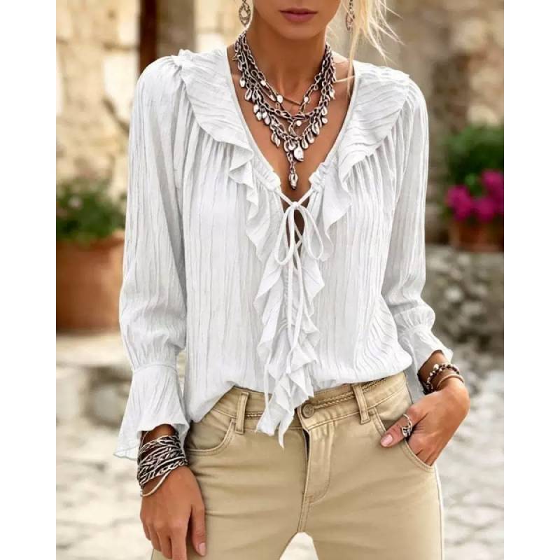 Polyester Blouse With Ruffle Hem And Long Sleeves For Office Wear