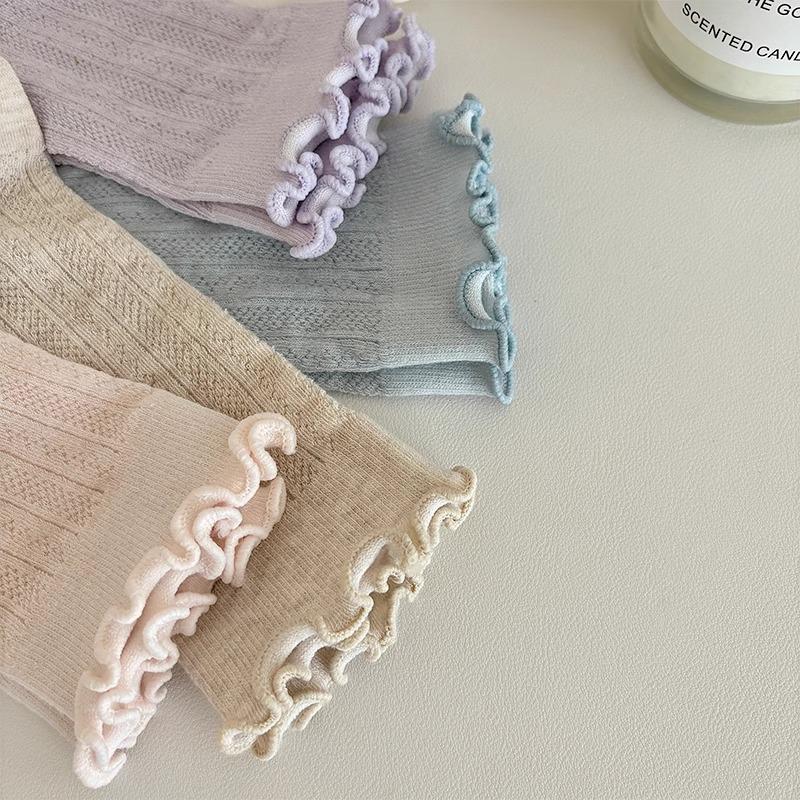 Women's White Mid-Calf Cotton Mesh Slouch Socks with Wood Ear Edge – Breathable, Thin, Summer Style