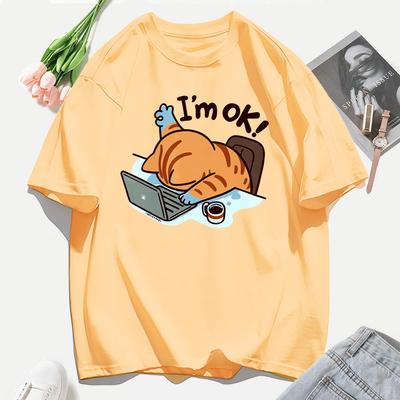 Eine Katze, die auf der Arbeit beharrt Druck Damen T-Shirts Lässig Hip Hop Tees Tops Mehrfarbig Baumwolle Sportbekleidung Locker Kurzarm Weiblich