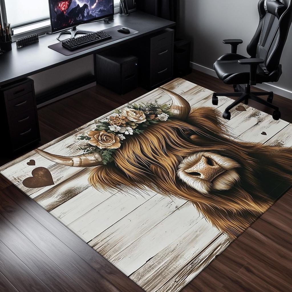 800g/m² Cow with Flowers HD Printed Carpet, Kitchen Rugs, Yoga Mat, Non-Slip Bathroom Mats, Absorbent Washable Polyester Rug for Bathroom, L