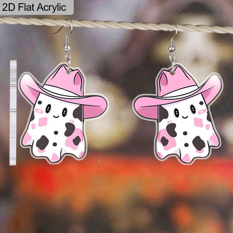 2D Flat Funny Cute Halloween Double Sided Acrylic Pink Bowler Hat Ghost Pendant Earrings Women's Halloween Costume Praty Jewelry Festival Gift