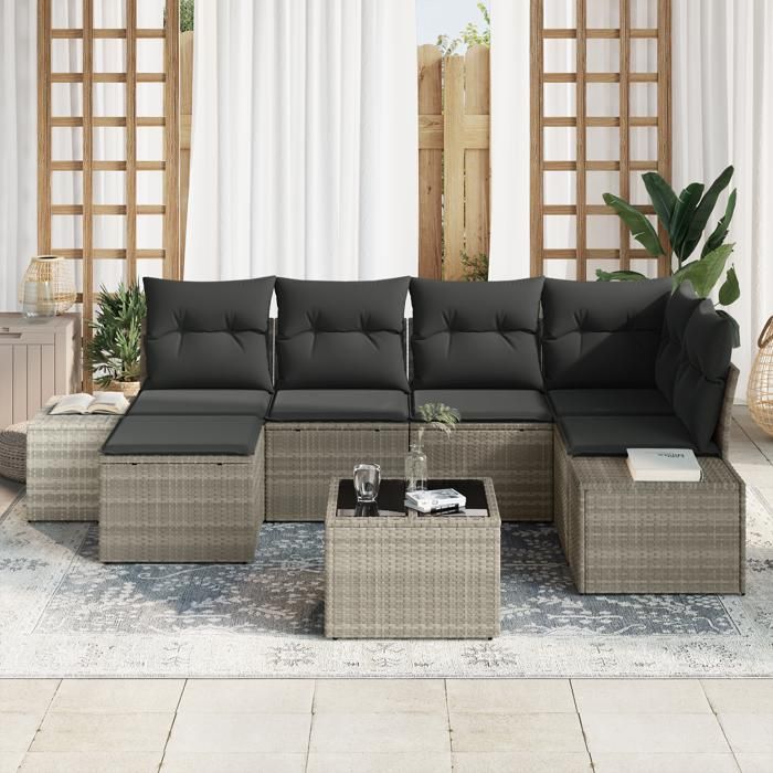 VidaXL Ensemble de canapés de jardin 7 pièces avec coussins Gris poly rotin 3355811