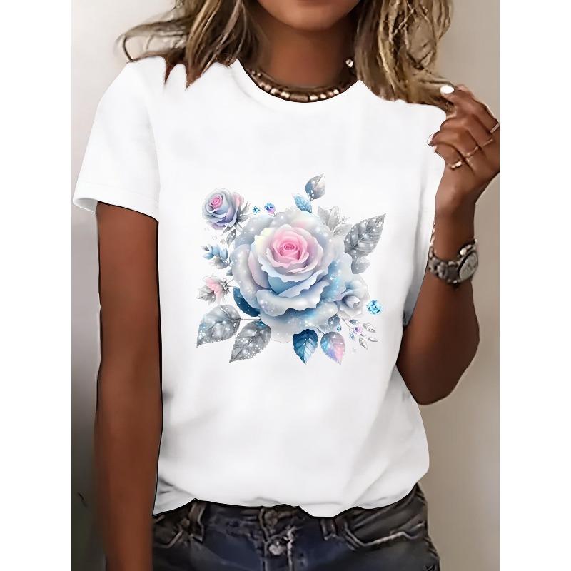 New Short-Sleeve T-Shirt Top for Women, Summer Essential, for Travel, Dates, Gifts, Vacations, Seaside Rose and Leaves S белый