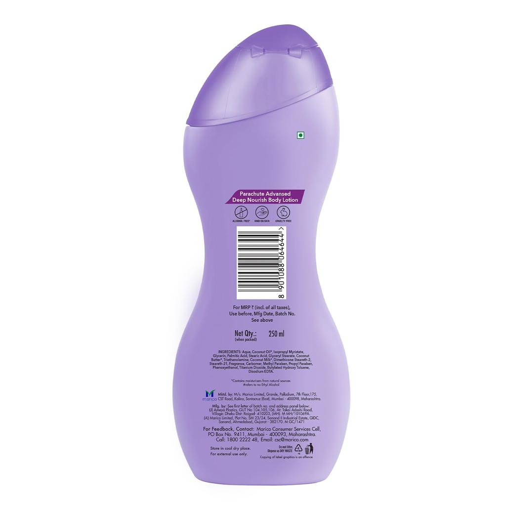 PARACHUTE Advansed Deep Nourish Body Lotion 250ml For Dry Skin With Coconut Milk 72h Hydration Fast Absorbing Non Sticky Glow