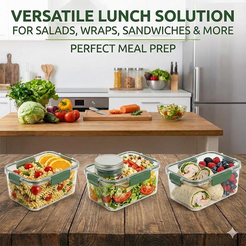 Salad Container For Lunch With Vertical Layering & Dressing Holder, Airtight Salad Pod With Fork, Portable Leakproof Organizer зелёный