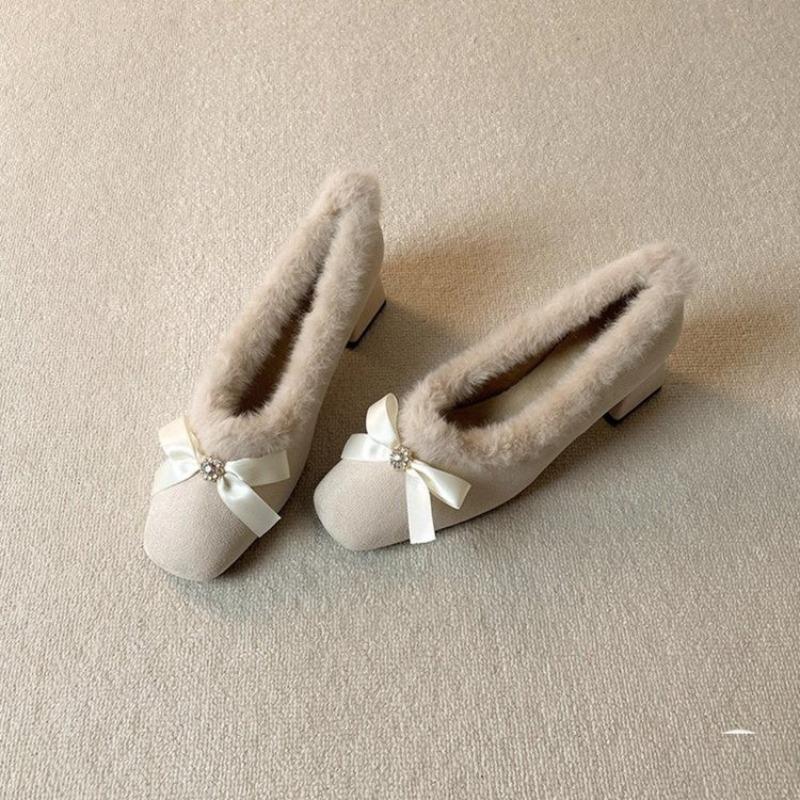 Velvet Mary Jane Cotton Shoes Female Autumn and Winter Fairy Gentle Wind Bow Thick Heel Fluffy Shoes