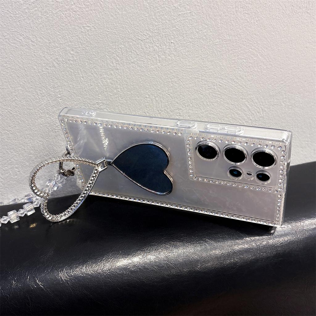 Wrist Strap Love Heart Mirror Diamond Bling Holder Phone Case for Samsung Galaxy S23 S24 S25 Plus S26 Ultra A07 A17 A16 A36 A56