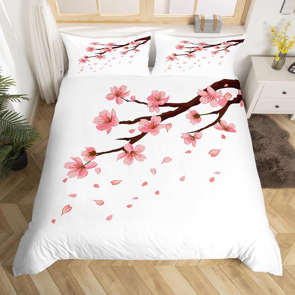 Cherry Blossoms Duvet Cover King for Women Ink Painting Black White Comforter Cover Romantic Theme Bedding Set with 2 Pillowcase