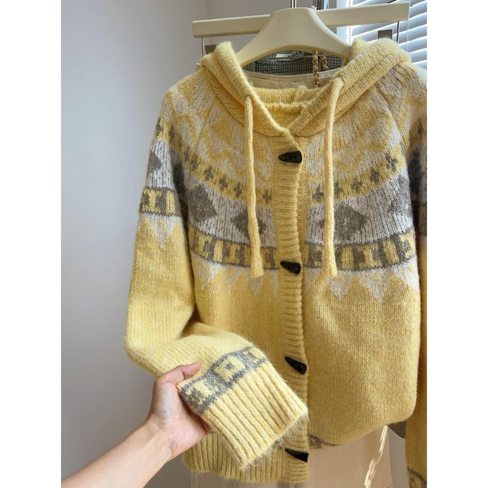 Dimanaf 2025 Autumn Sweaters Cardigan Yellow Women Pattern Printing Buttons Sweaters Knitting Loose Sweater