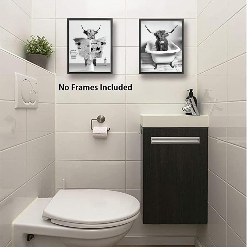 NIIORTY Funny Highland Cow Bathroom Wall Art, Vintage Black and White Rustic Style Canvas Prints for Bathroom Restroom Farmhouse Decor, 4-Set (8"x10"