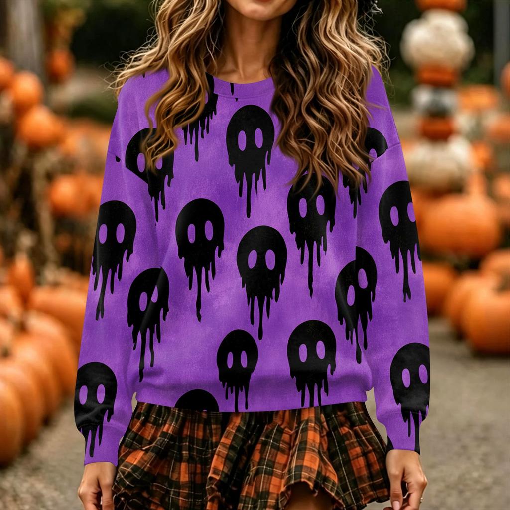Women's Halloween Print Long Sleeve Neck Pullover Sweatshirt