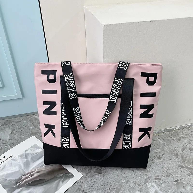 Colorblock Pink Letter Graphic Tote Handbags Woman Shoulder Bags Casual Sports Fitness Tote Bag Women Handbag Nylon Fabric