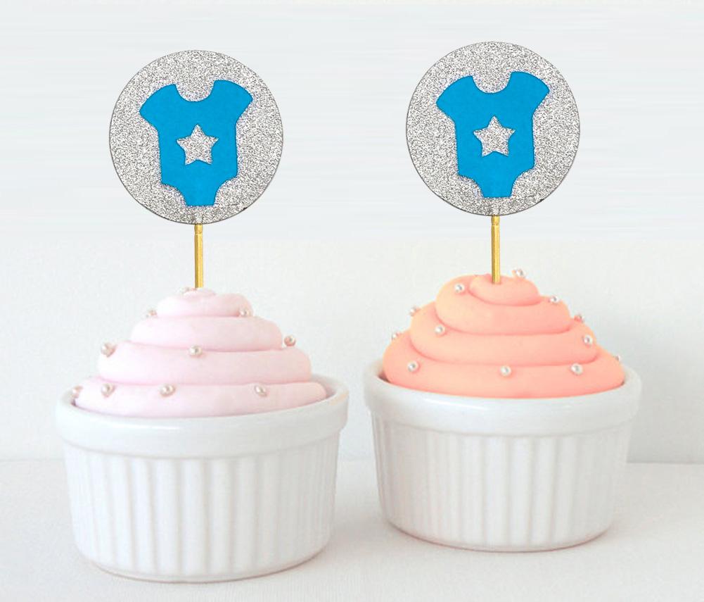 Darling Souvenir, Glitter Baby T-Shirt Baby Shower Cupcake Toppers, Dessert Decorations