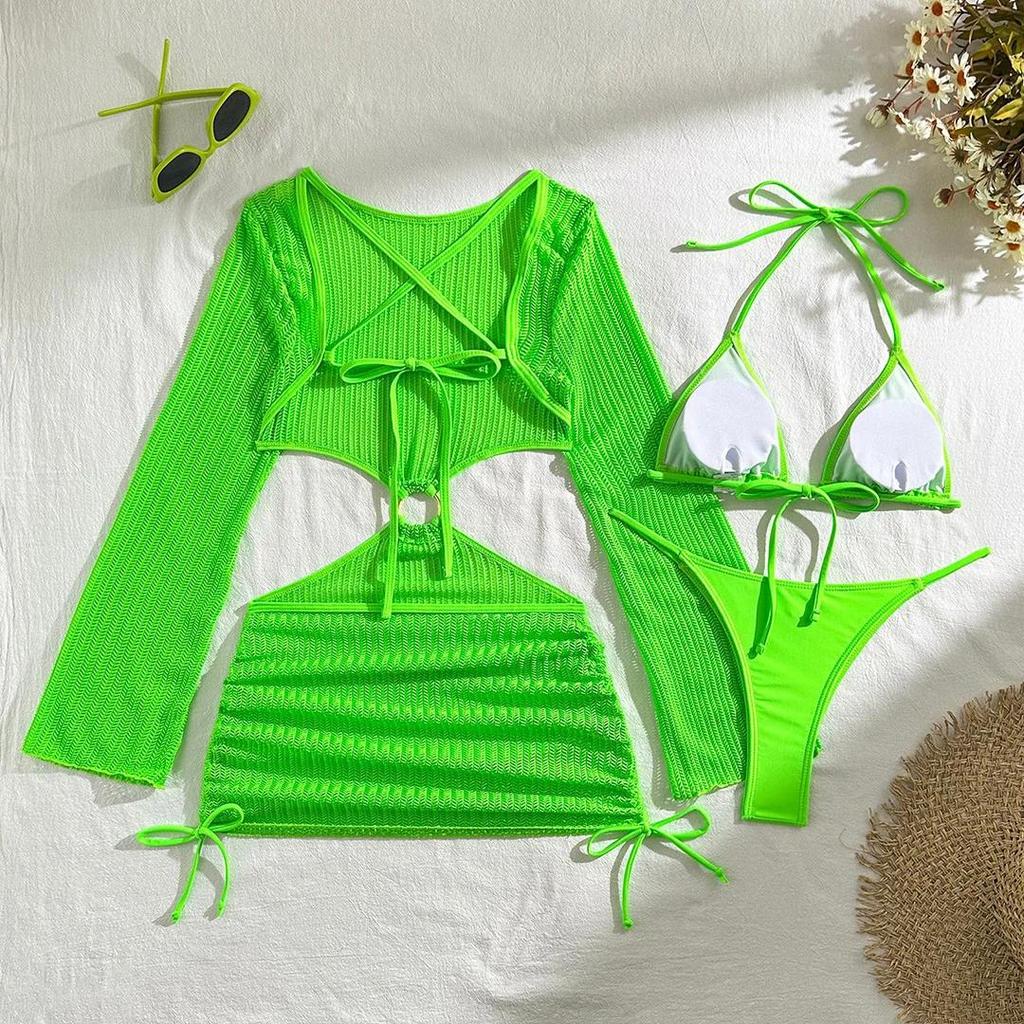 With Long Sleeve Cover Up Halter Bikini Women Swimwear Female Swimsuit Three-pieces Bikini set Bather Bathing Suit Swim
