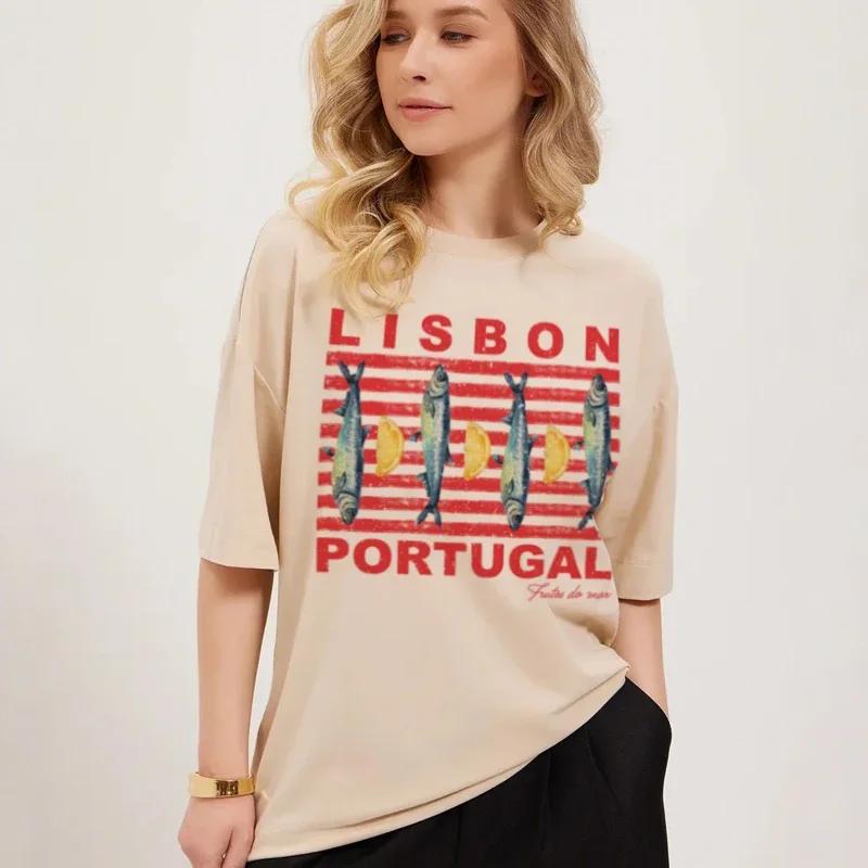 

Womens Retro Lisbon Sardine Graphic Tee Cute Aesthetic Coastal Travel TShirt Short Sleeve Cotton Vintage Top for Ladies 2XL