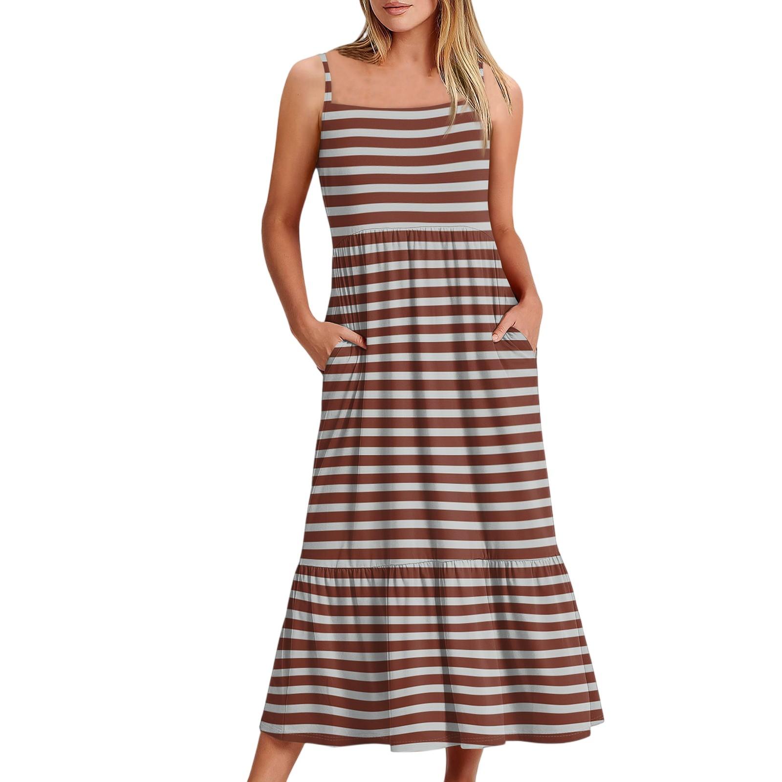 

Жіноча довга пляжна повсякденна елегантна максі-сукня на тонких бретелях у смужку, стримана, повітряна, богемна сукня M