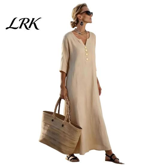 Comfortable Summer Dress Loose Maxi for Women, 3/4 Sleeve Button Up Everyday Wear V Neck Casual Long Dress, Flowy Beach Sundress Fit