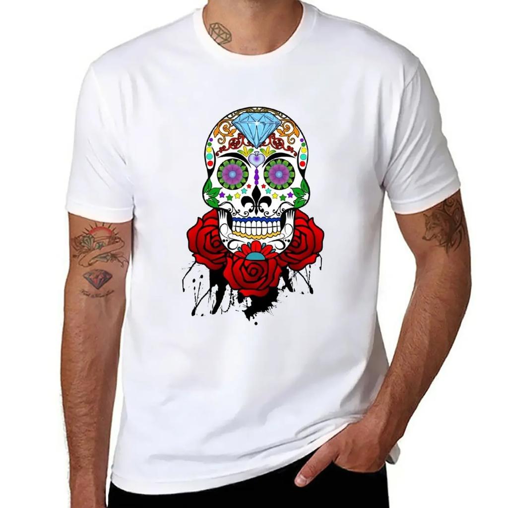 Sugar Skull and Roses T-Shirt Aesthetic Clothes Blacks Plain White T Shirts Men