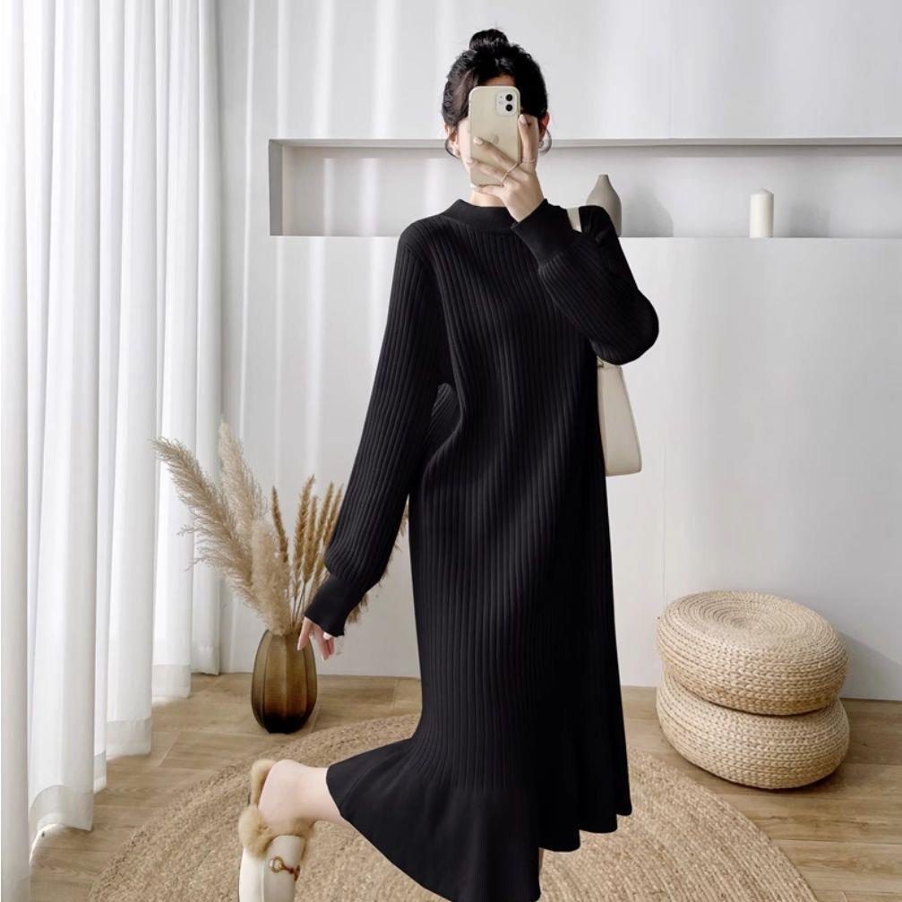 

French Chic Fishtail Fur Dress: Autumn/Winter Cozy Mid-Length Knitted Dress Large чорний