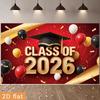 2D Class of 2026 Graduation Photography Backdrop Red Gold Balloon & Confetti Party Background