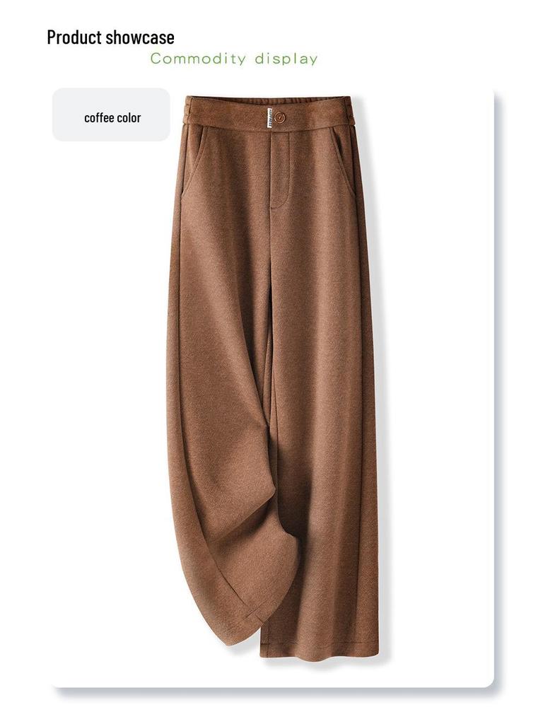 Women's 2024 Khaki Wool Blend Loose Fit Slimming Wide Leg Pants for Autumn and Winter