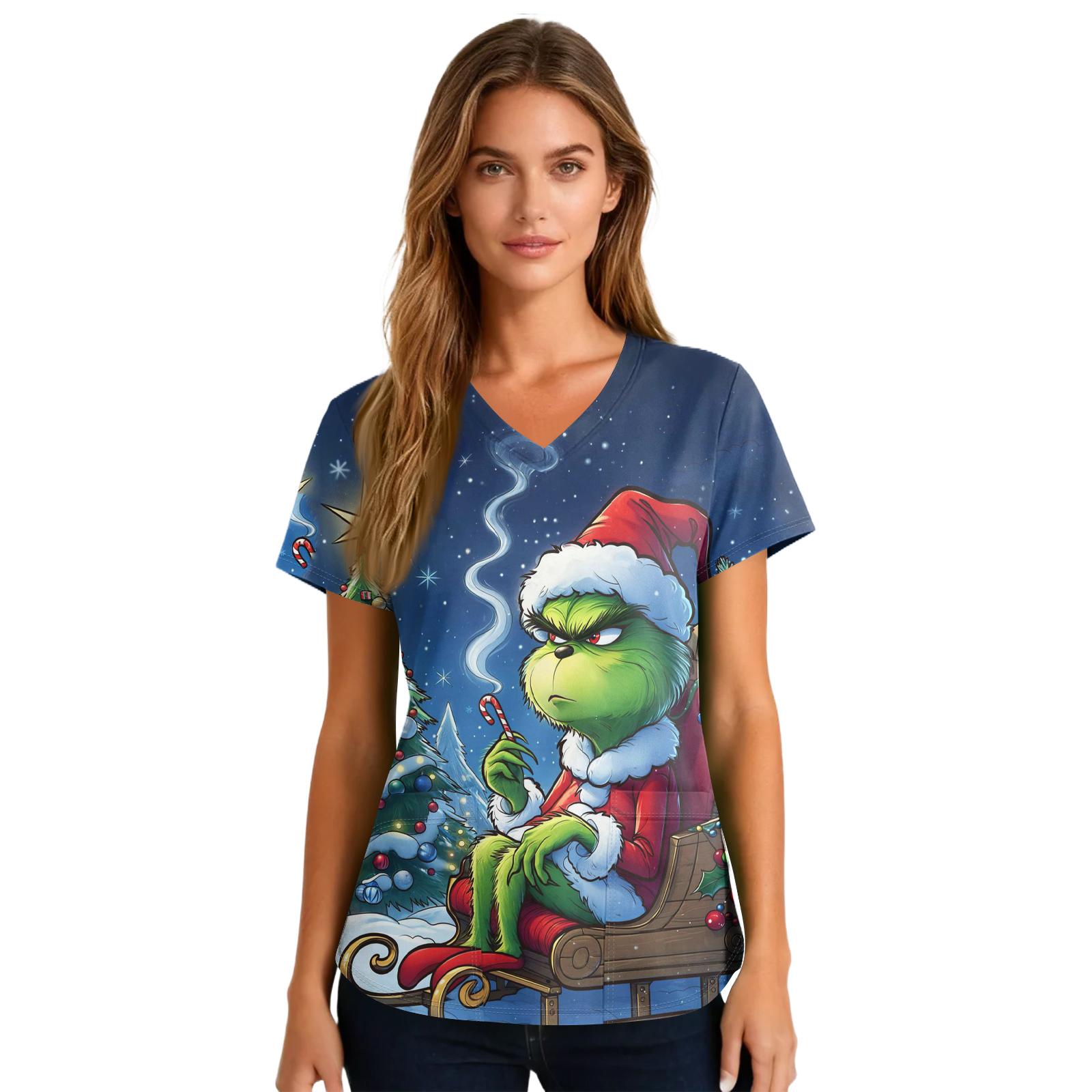 

Women s Cute Printed Work Clothes V-neck Double Layer Pockets Basic Short Sleeve Top Pullover Valentines XXXXL