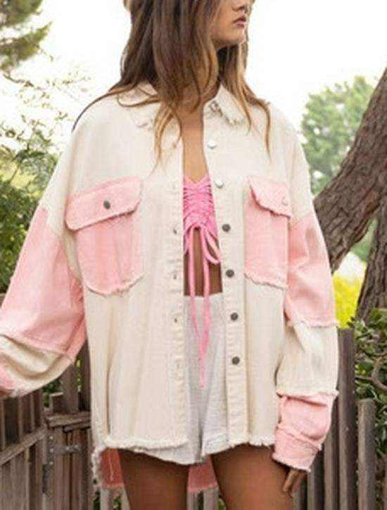 2026 Spring/Summer Women's Distressed Color Block Denim Jacket with Frayed Edges