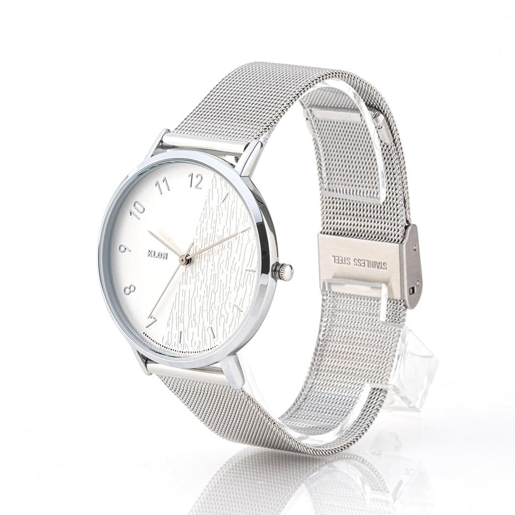 KLON CONNECTION HALFGRAIN LATTER 38mm Watch with Silver Shell and Mesh Wood Grain Stylish -SILVER MESH- Watch, Christmas/Holiday Strap, Finish,