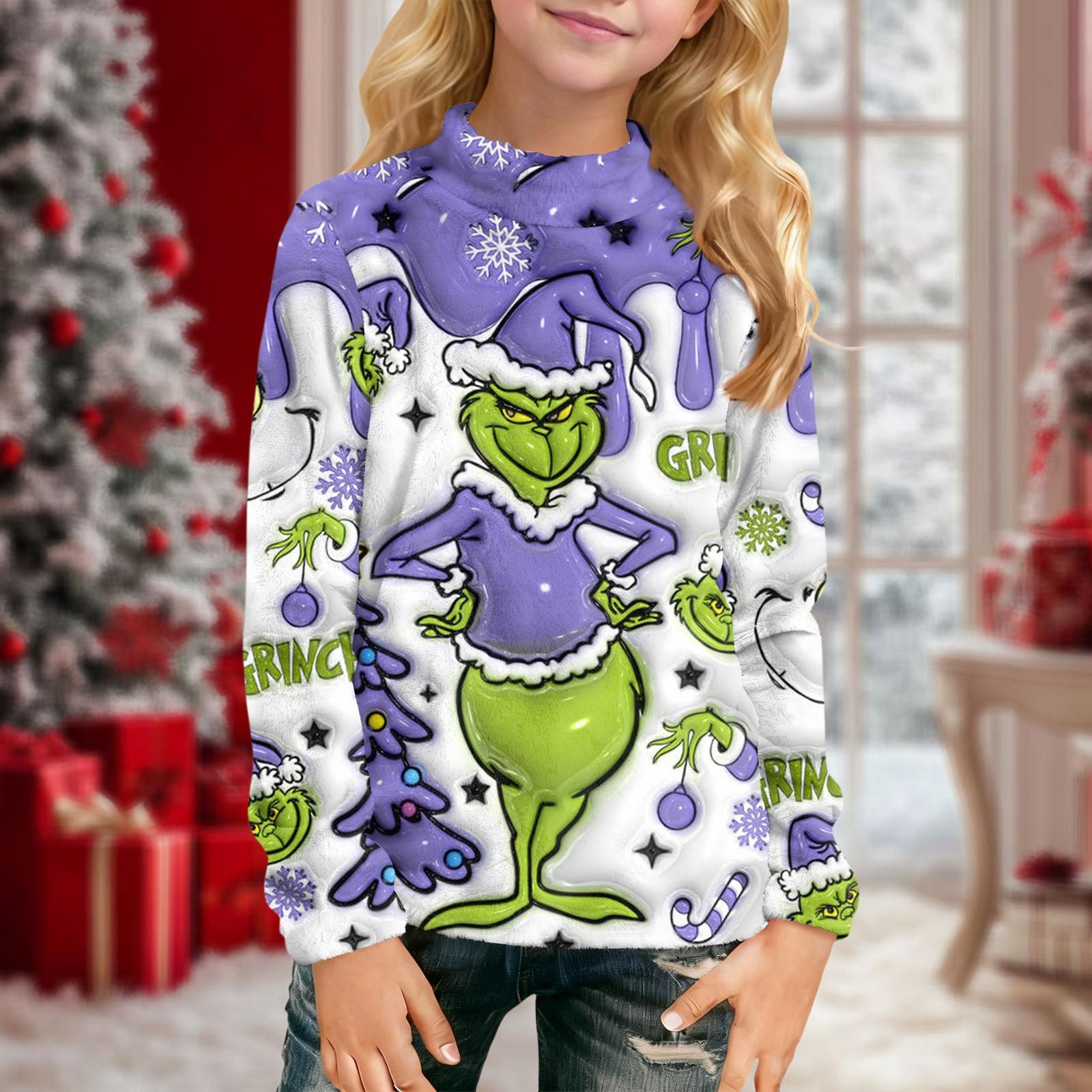 

Kids Plush Pullover Sweatshirt with Holiday Character Print Mid Neck Long Sleeve Casual Top for Children