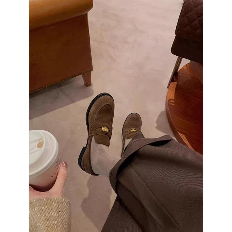 Sheepskin version~ British style small gold coins round head single shoes lazy one pedal small leather shoes women's retro suede loafers