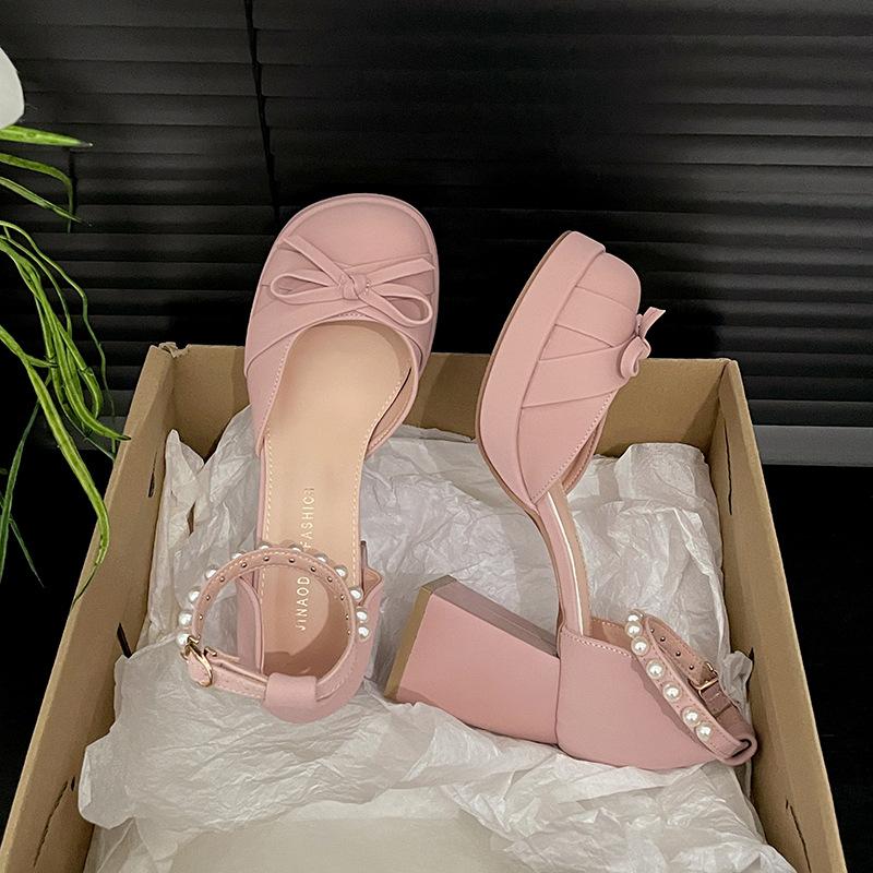 Fashion Hot Selling French Bow Block Heel Mary Jane Shoes Women's 2025 Spring and Summer Round Toe Shallow Mouth One Buckle Beaded Heels
