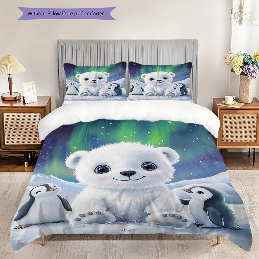 Polar Bear Pattern Bedding Quilt Set Quilt Cover Pillowcase Home Decoration Birthday Gift (1 * Duvet Cover + 2 * Pillowcase, Without Core)
