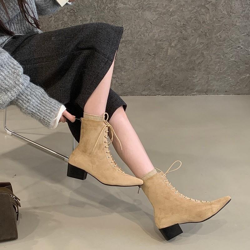 Autumn and Winter New Fashionable Temperament Medium Boots Women's Thick Heel Pointed Leather Strap Punk Style Short Boots