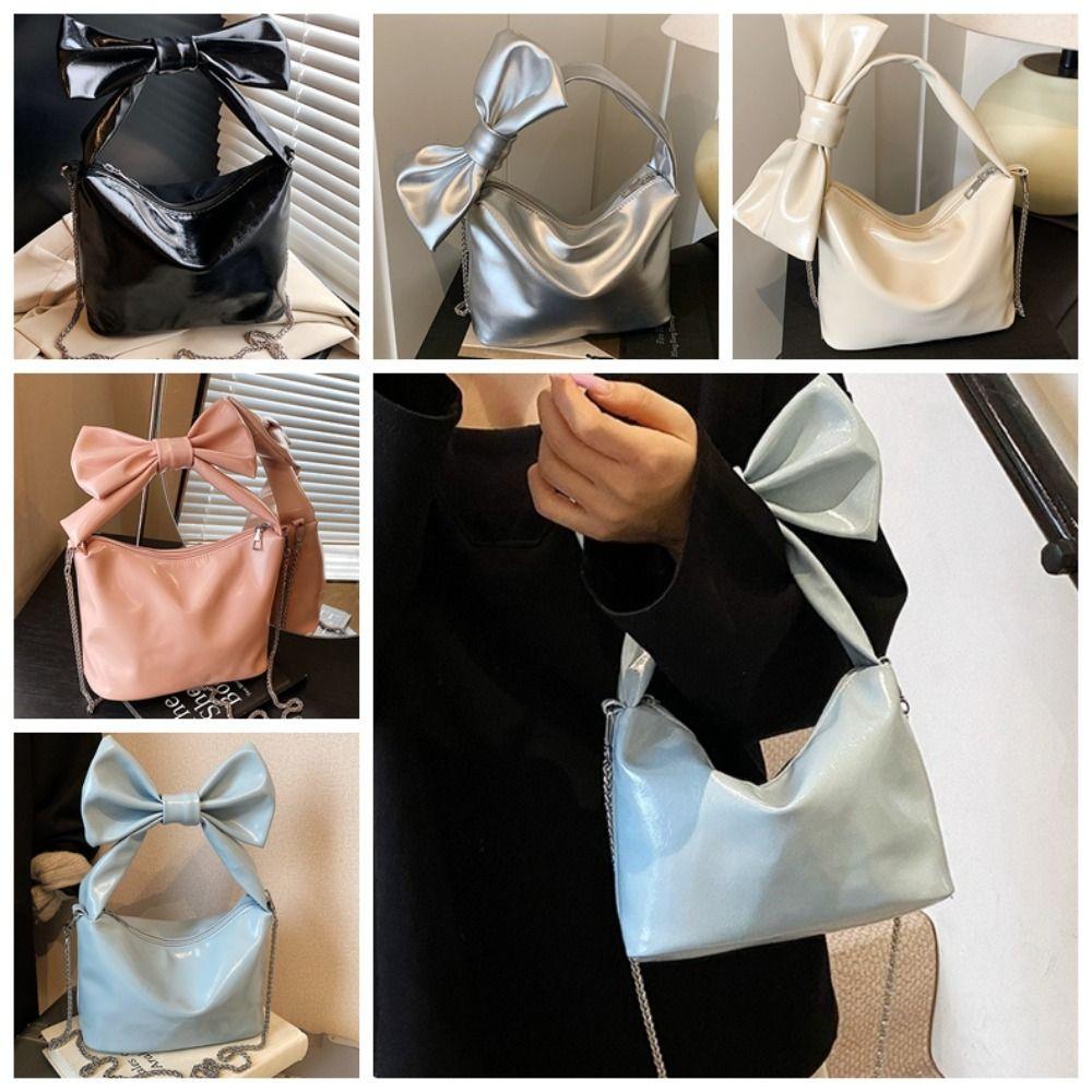 

Сумка під пахвами з блискавкою, стиль Y2k, шкіряна сумка-тоут із бантом, елегантна сумка через плече з бантом, відкритий срібний