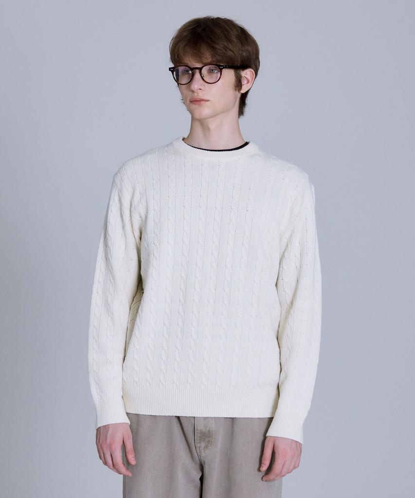 BASIC HOUSE Cable Round Neck Knit Oatmeal Lykt7101