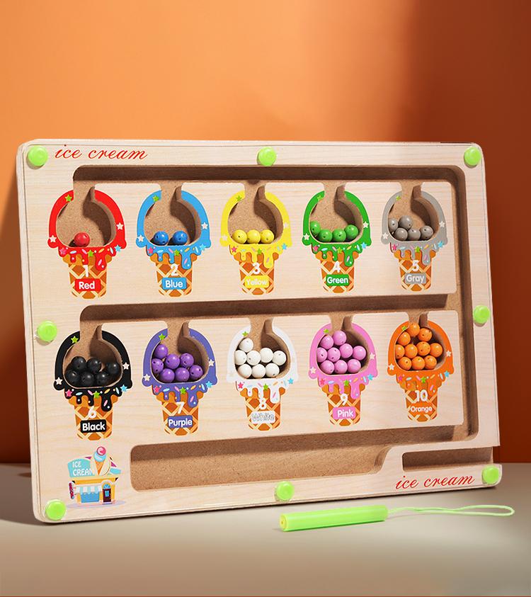 Montessori Magnetische Farbsortierspiele, Labyrinthbrett, Stift- und Perlenspiele mit beweglichen Holzsteuerungen, sensorisches Spielen, Lernspielzeug für Kinder