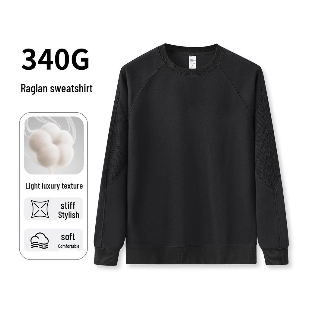 Men's Heavyweight Patchwork Raglan Hoodie: Autumn/Winter Round Neck Casual Layer Top (340G)