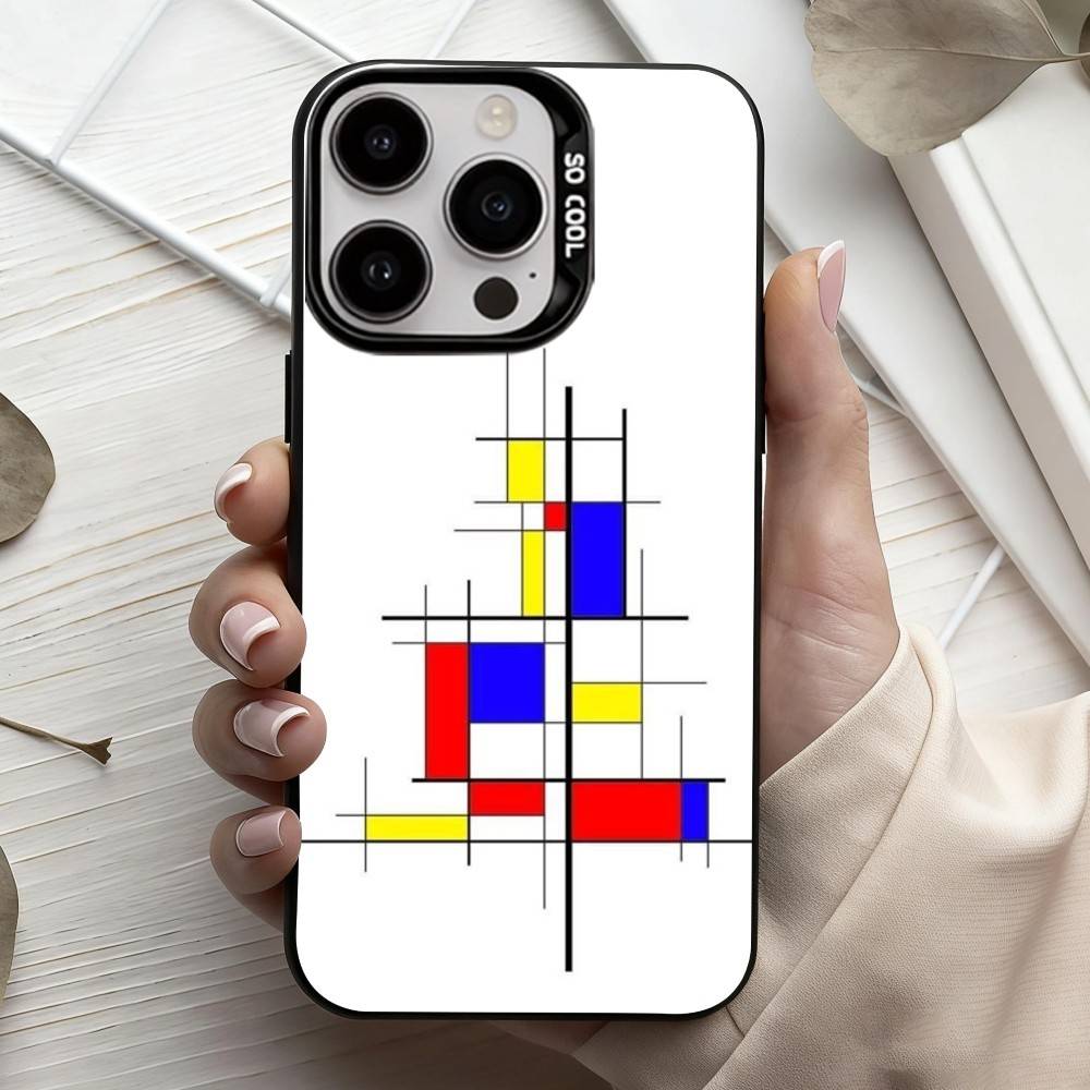 M-Mondrian-B-Bauhaus A-Abstract Shapes  Phone Case For iPhone17,16,15,14,13,12,11 Plus,Pro Max Black Candy Silver Plated Cover
