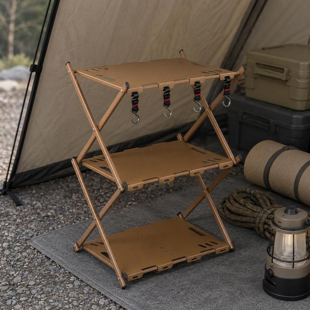 Foldable 3-Tier Rack Crossed Side Supports Storage Shelf Hanging Hooks