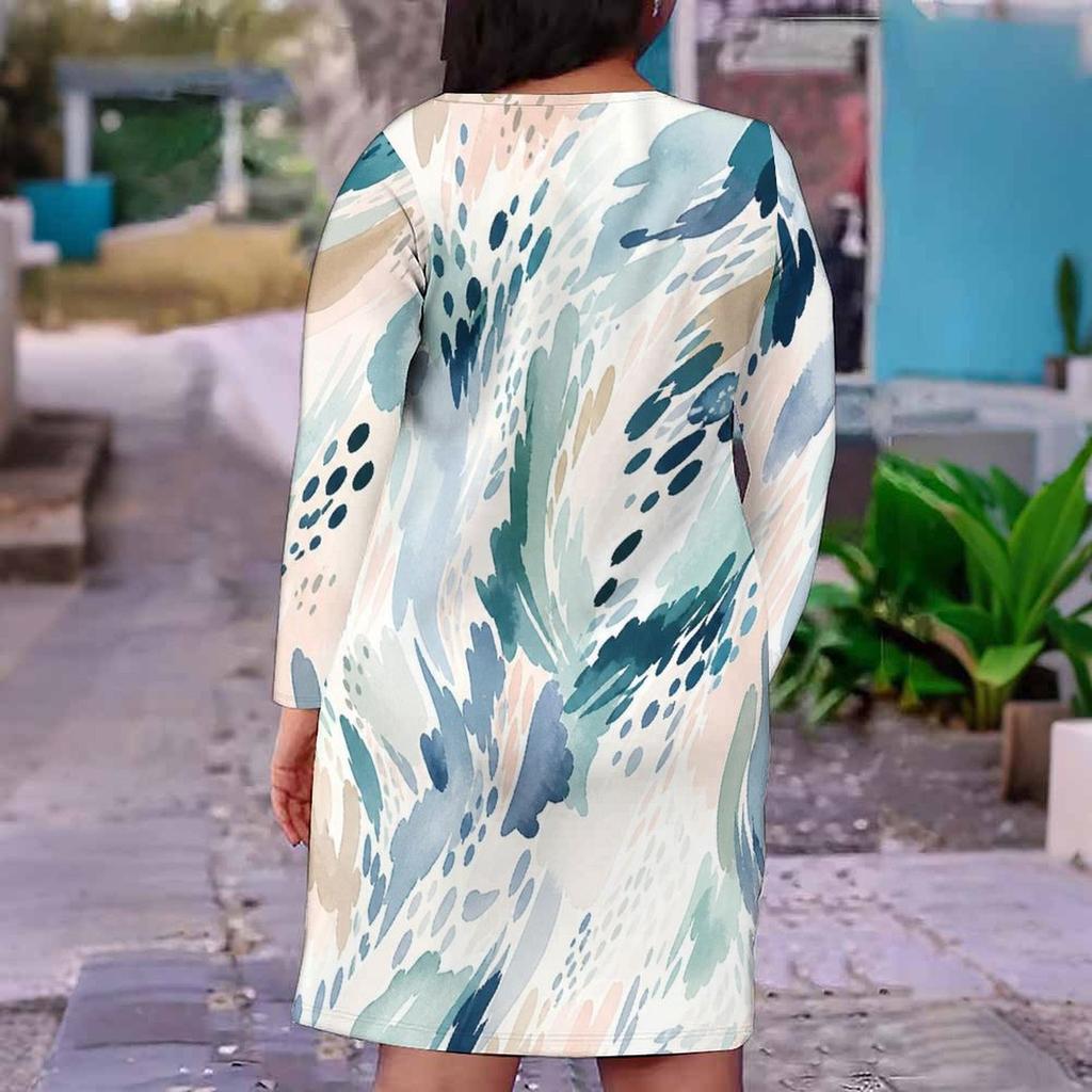 Women Plus Size V Neck Long Sleeve Light Blue Printed Fitted Straight Dress