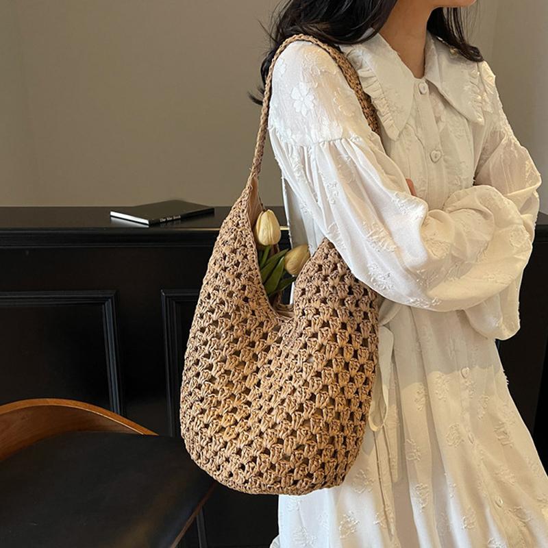 Women Knitting Shoulder Bag Hollow Out Beach Bag Large Capacity Aesthetic Tote Handbag Ladies Daily Handbag CLE