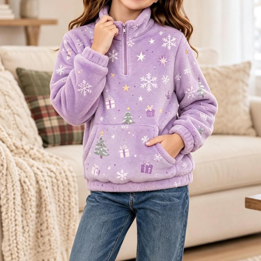 Boys Girls Christmas Sweatshirt, Pattern Long Sleeve Stand Collar Pullover for Fall Winter, Casual Comfortable Top