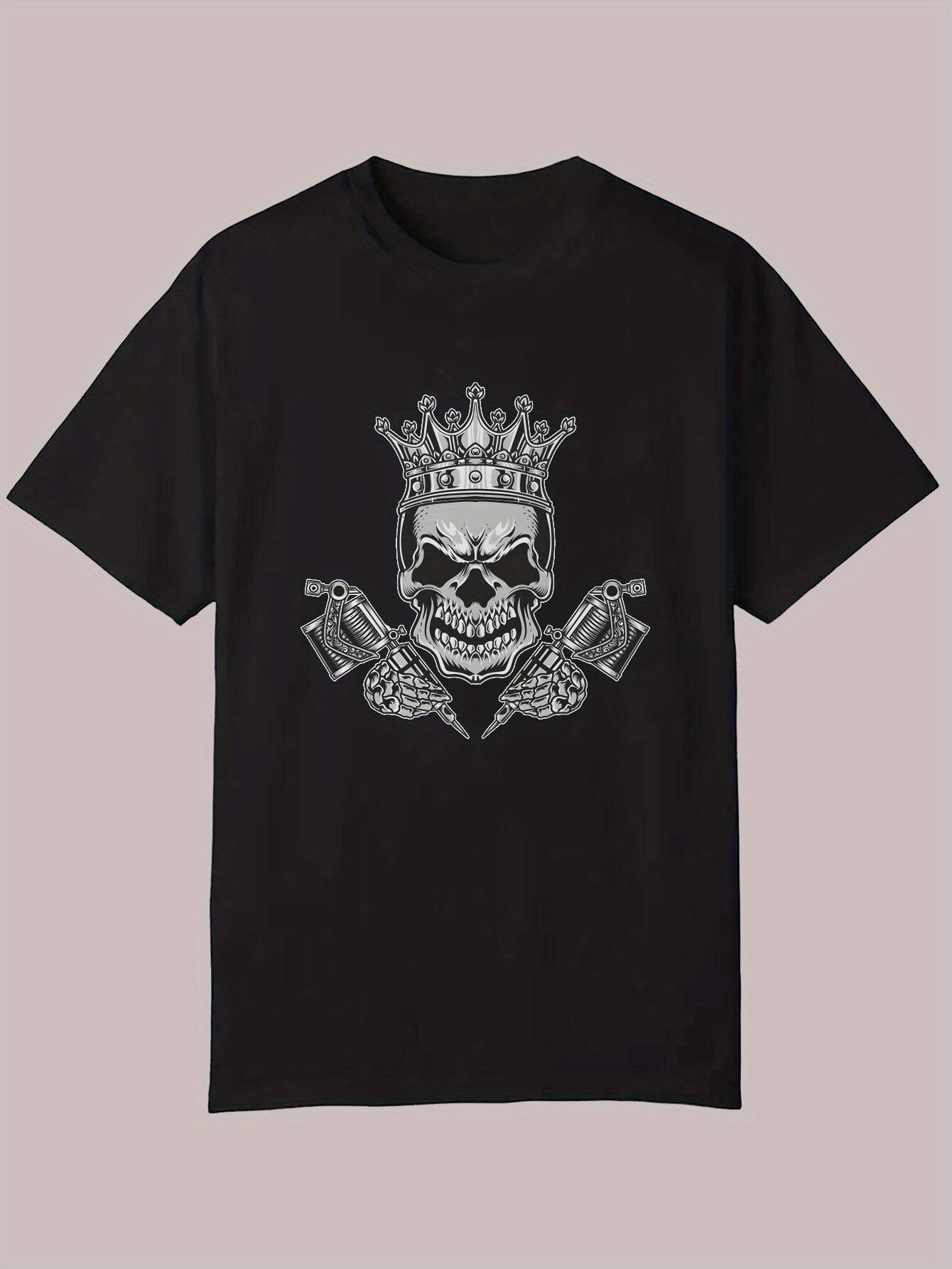 Graphic Print Casual T-shirt - Skull with Crown & Crossed Guns Design S