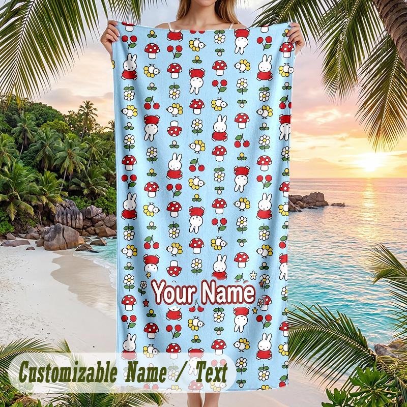Miffy Beach Towel, Personalized Custom Text, Quick Dry Soft Large Towel For Swimming Pool Travel