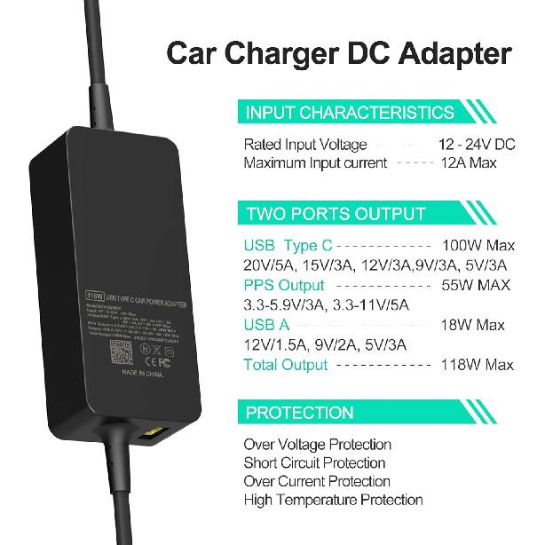 100W Car Charger, Laptop Car Charger Compatible with Dell Latitude/Precision/XPS, Compatible with MacBook Pro/Air, Compatible with HP